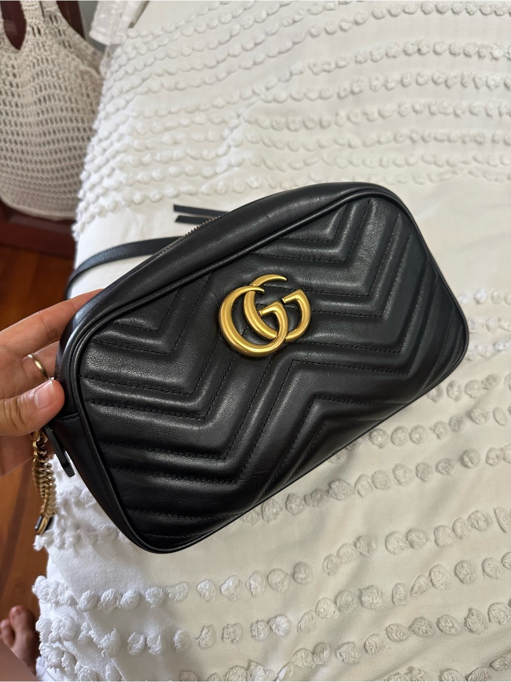 Gucci Black Chevron Leather GG Matelassé Crossbody Bag with Gold Hardware